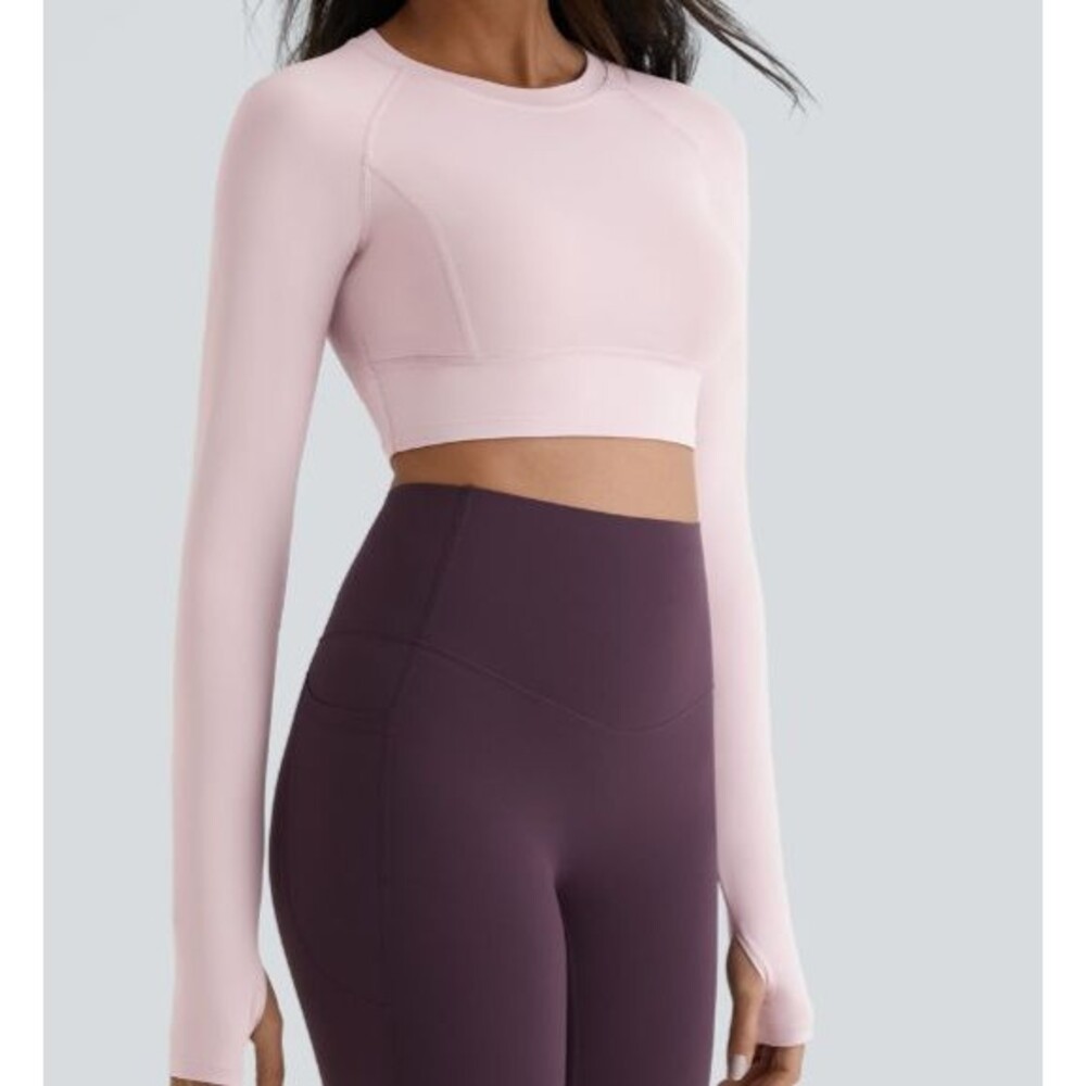 Halara Pale Lilac Fitted Cropped Long Sleeve Thumb Hole Active Top Size Large